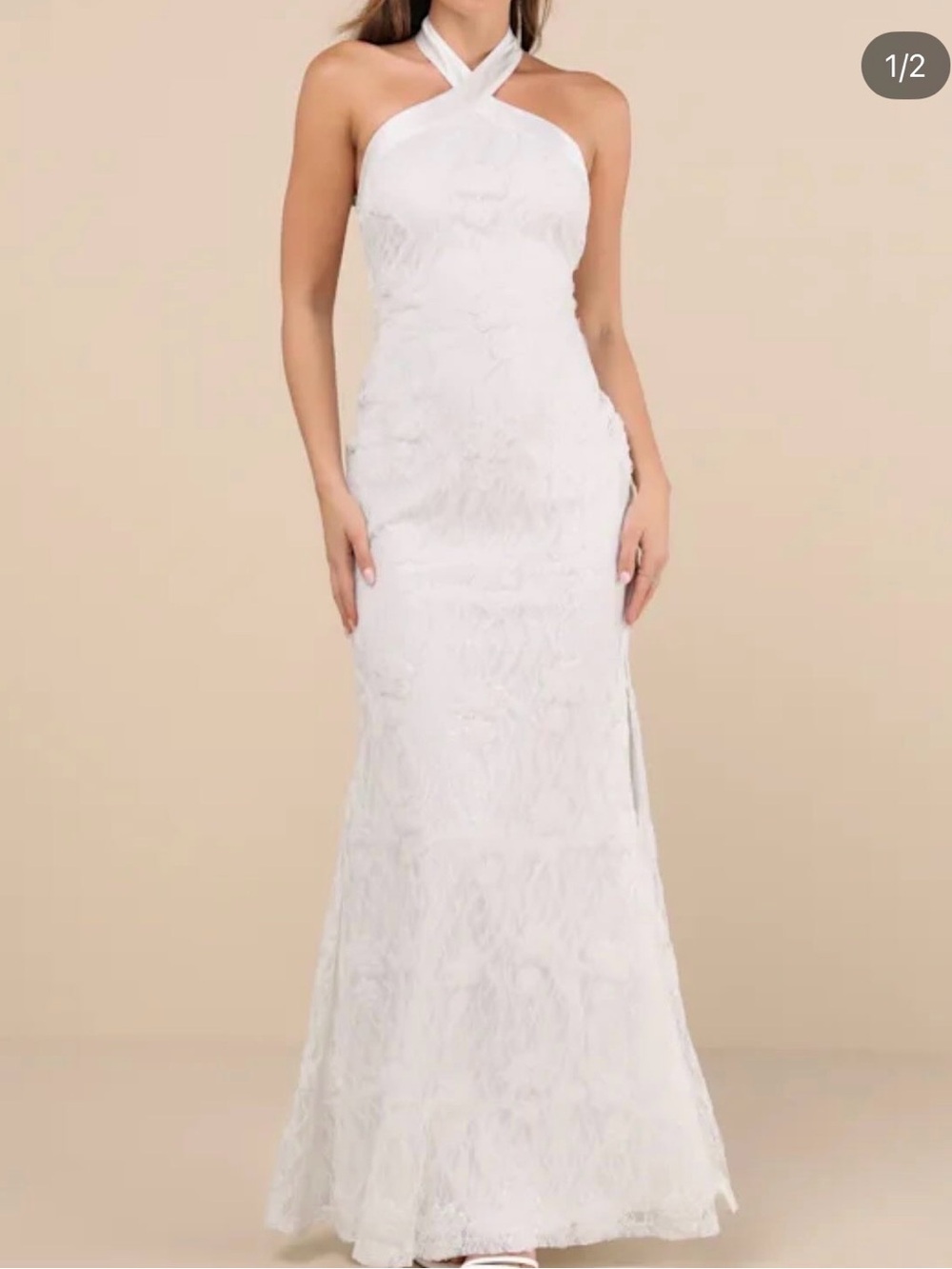 Lulu's White One-Shoulder Cross-Neck Lace Gown